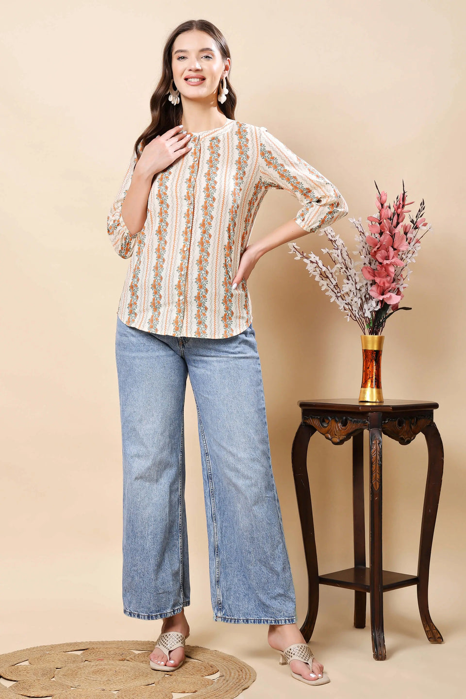 Women’s floral cotton short top with 3/4 sleeves and ethnic boho print by Rabric