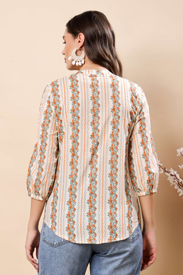 Casual short cotton top for women with floral design in orange and green