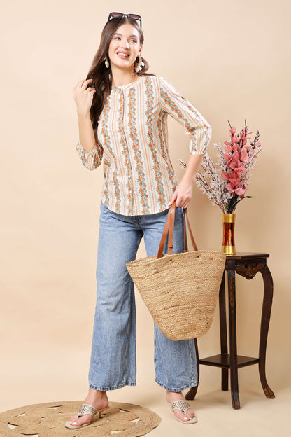 breathable cotton floral short top with block print – close-up details
