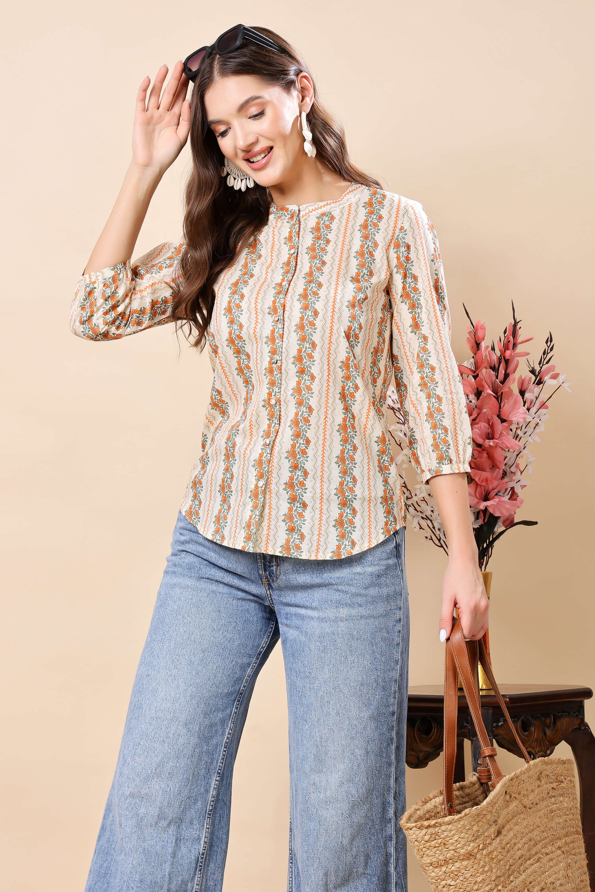 Boho chic women’s short cotton top with round neckline and 3/4 sleeves by Rabric