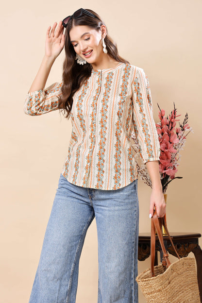 Boho chic women’s short cotton top with round neckline and 3/4 sleeves by Rabric