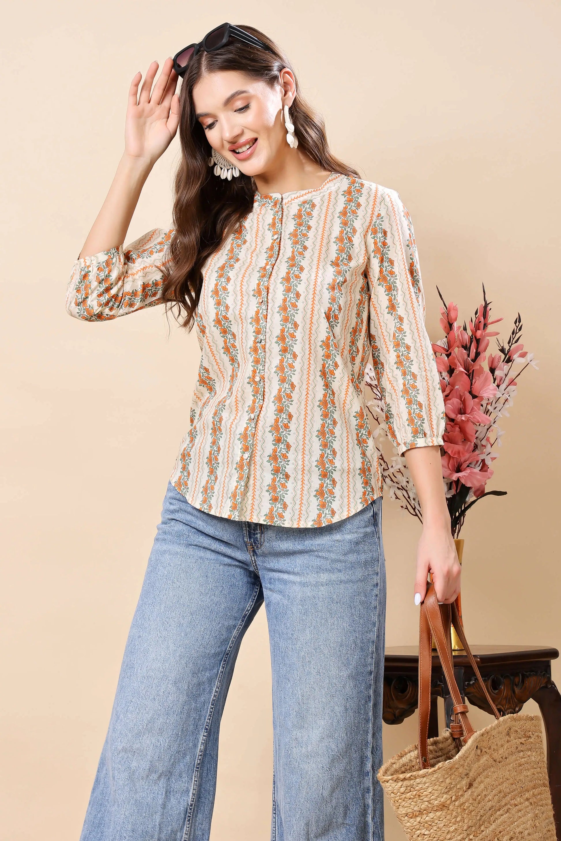 Ethnic-inspired cotton short top with floral block print – perfect for casual wear by Rabric