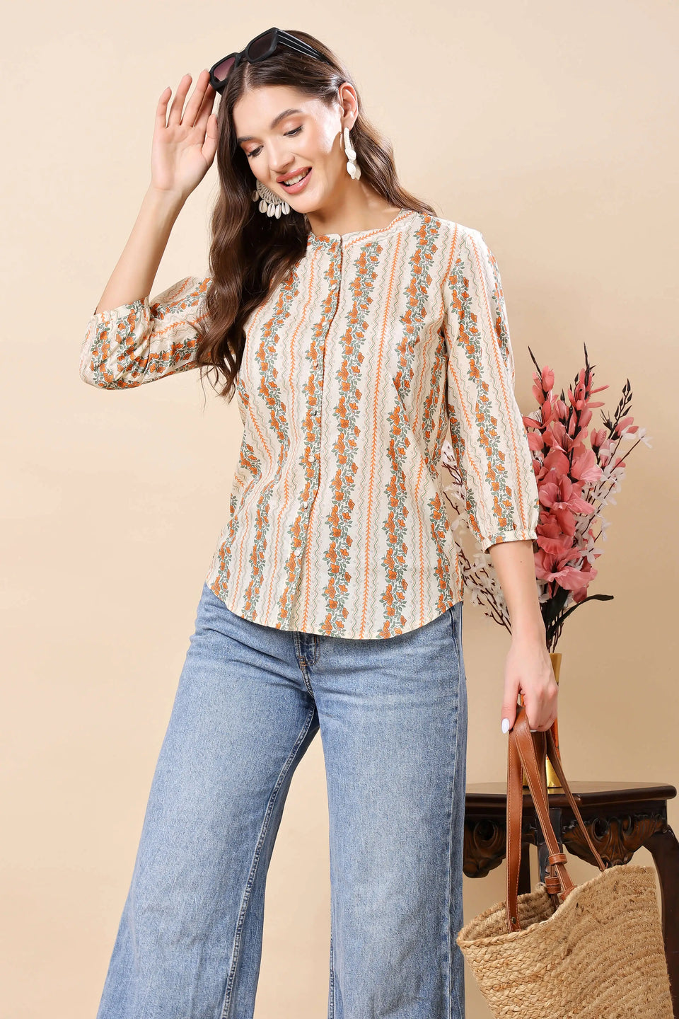 Ethnic-inspired cotton short top with floral block print – perfect for casual wear by Rabric