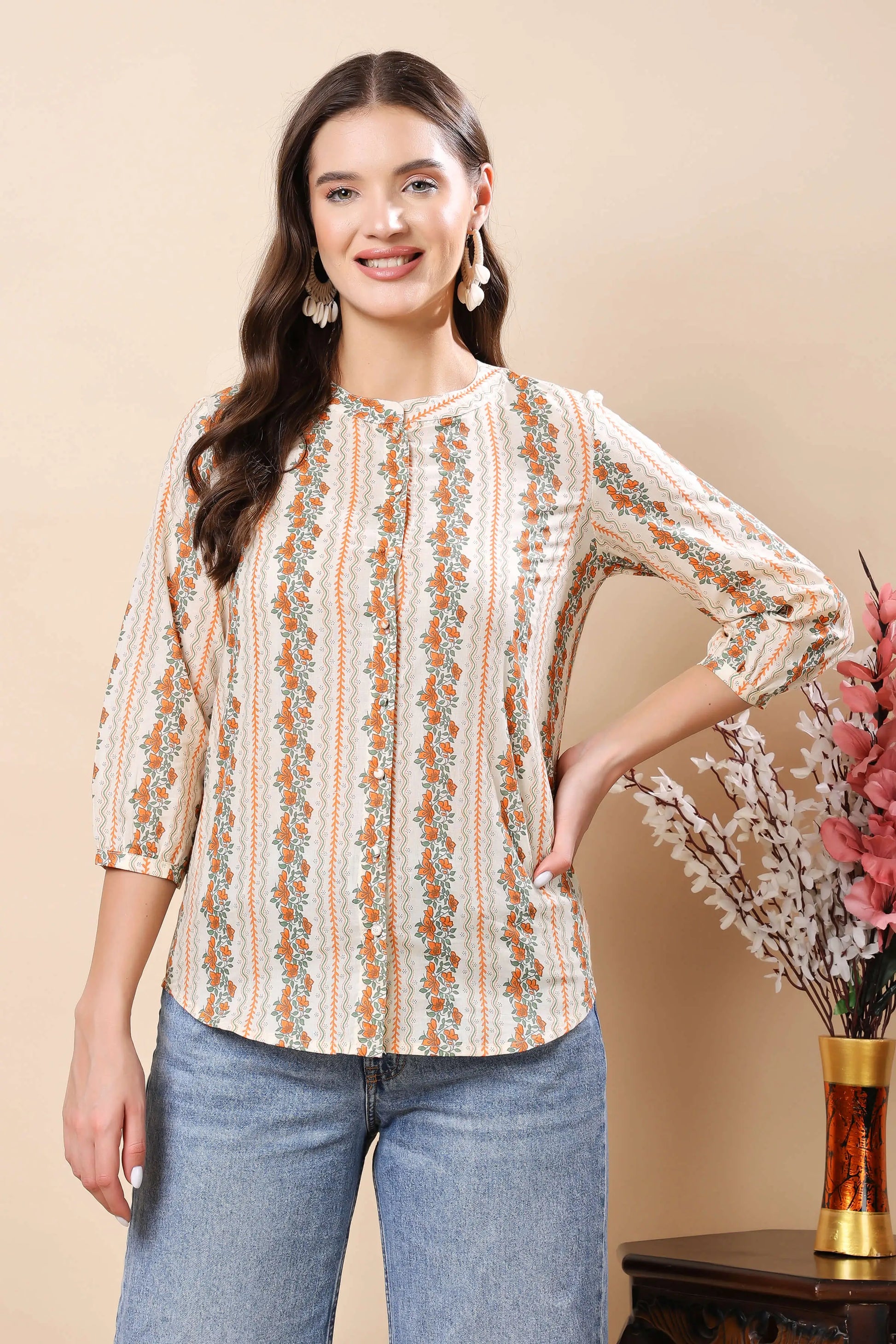 breathable cotton floral short top with block print by Rabric – close-up details 