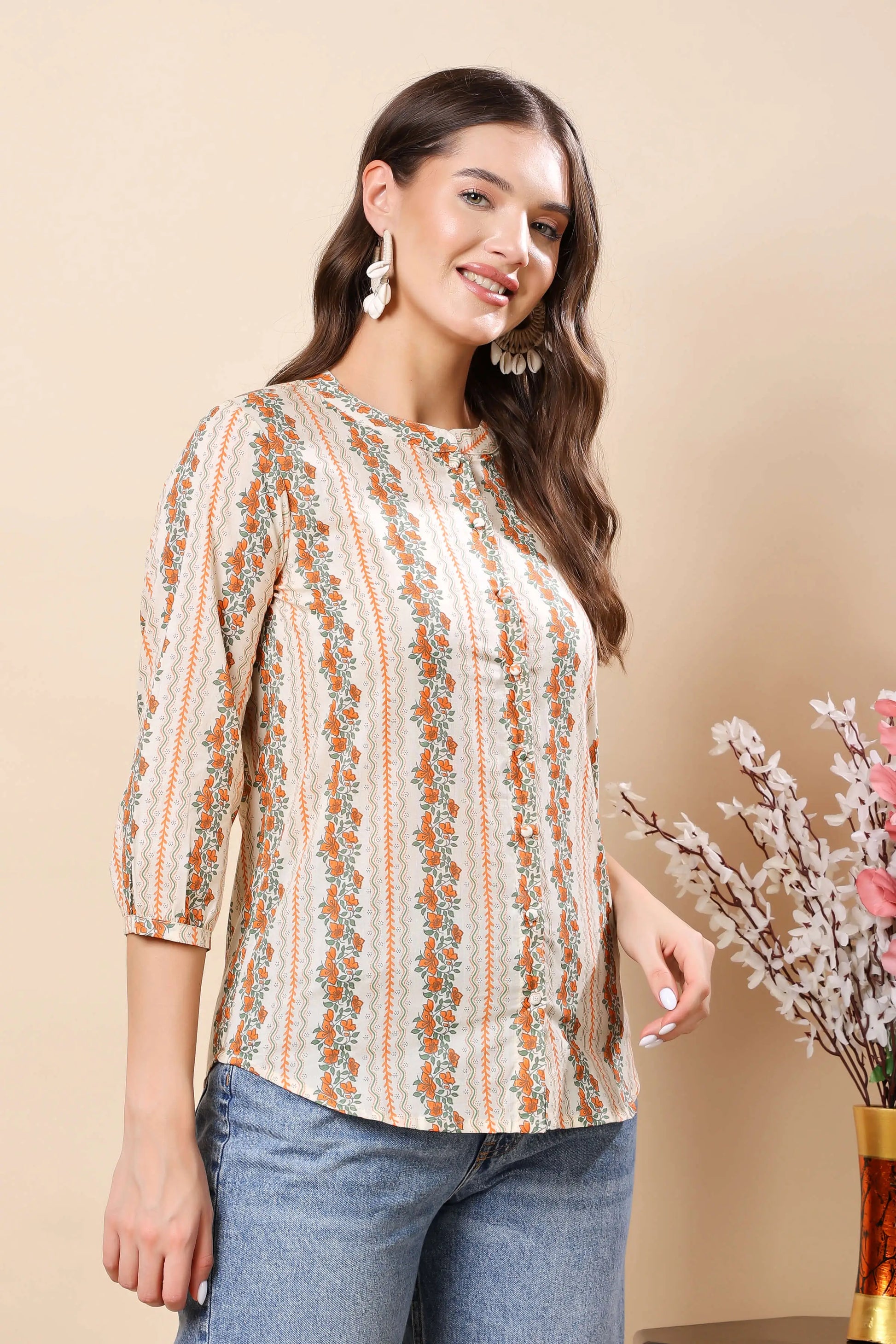 Boho chic women’s short cotton top with round neckline and 3/4 sleeves by Rabric