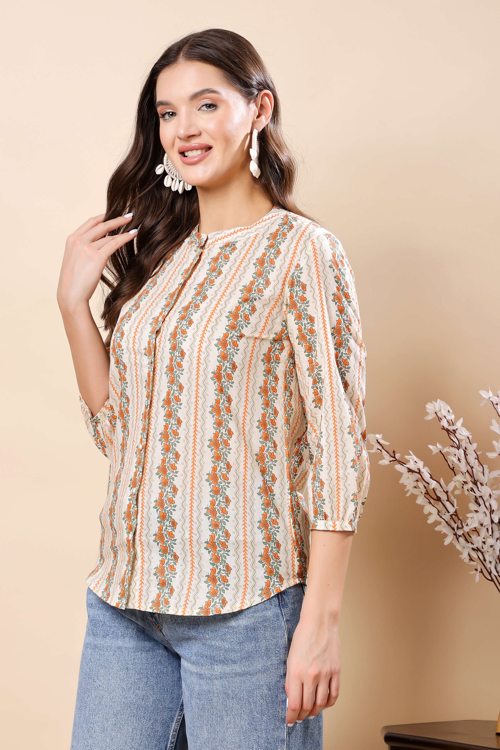 Women’s casual floral cotton short top with round neckline – summer essential by Rabric