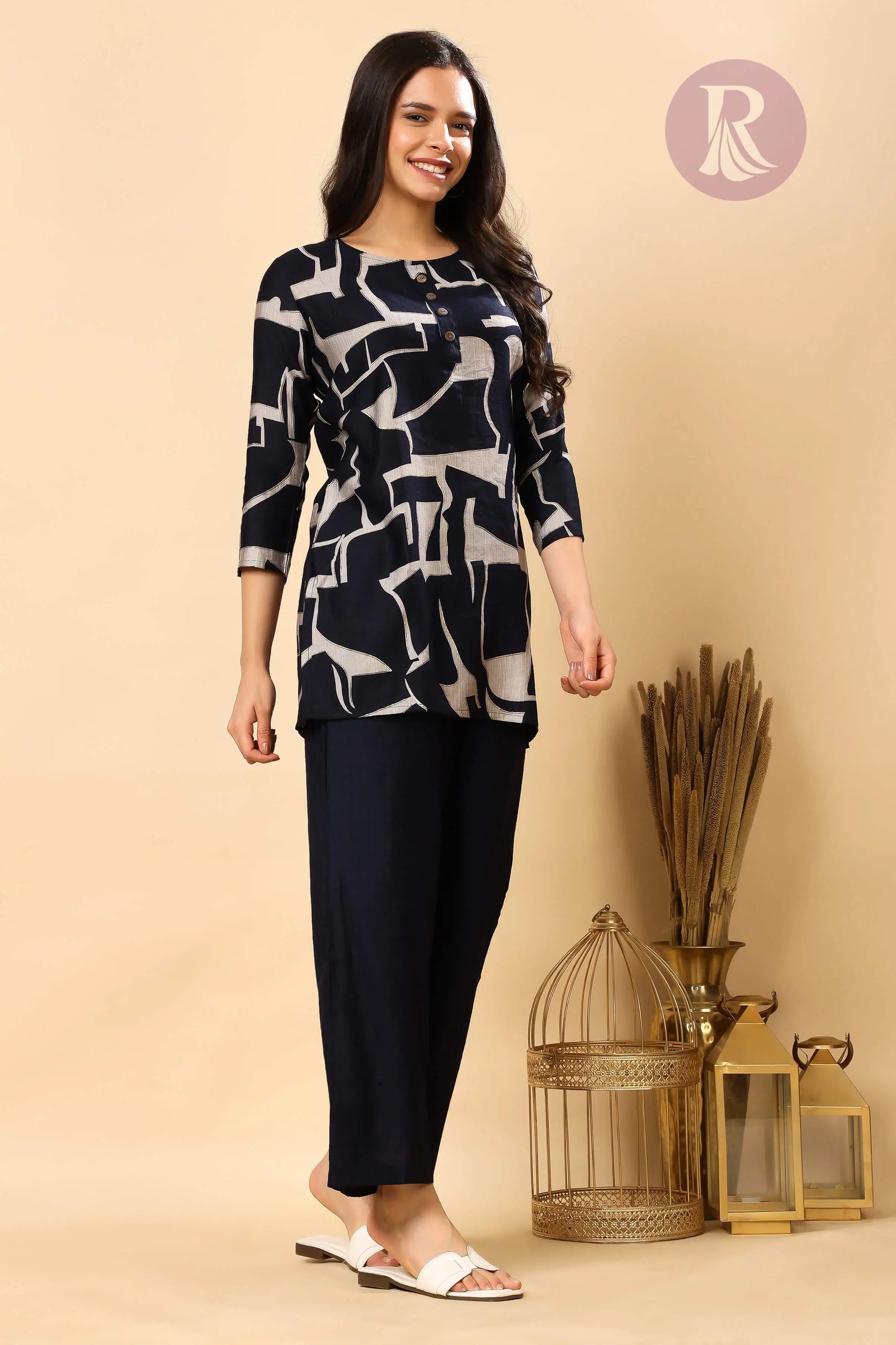 Full look of navy abstract print vertican silk co-ord set for women