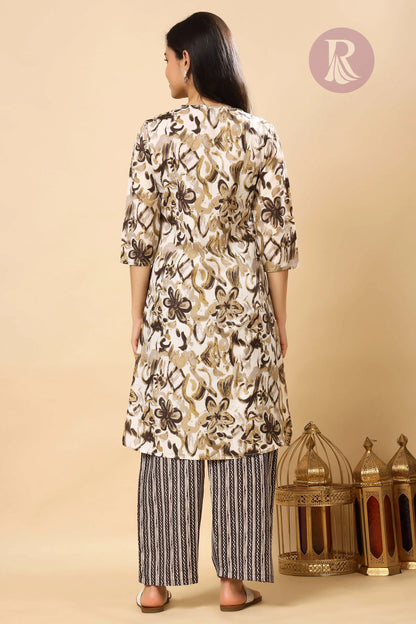 Back view of printed cotton slub long kurti pant set for women