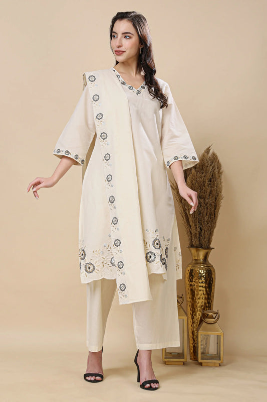 Women beige cotton kurta pant set front view with embroidered neckline