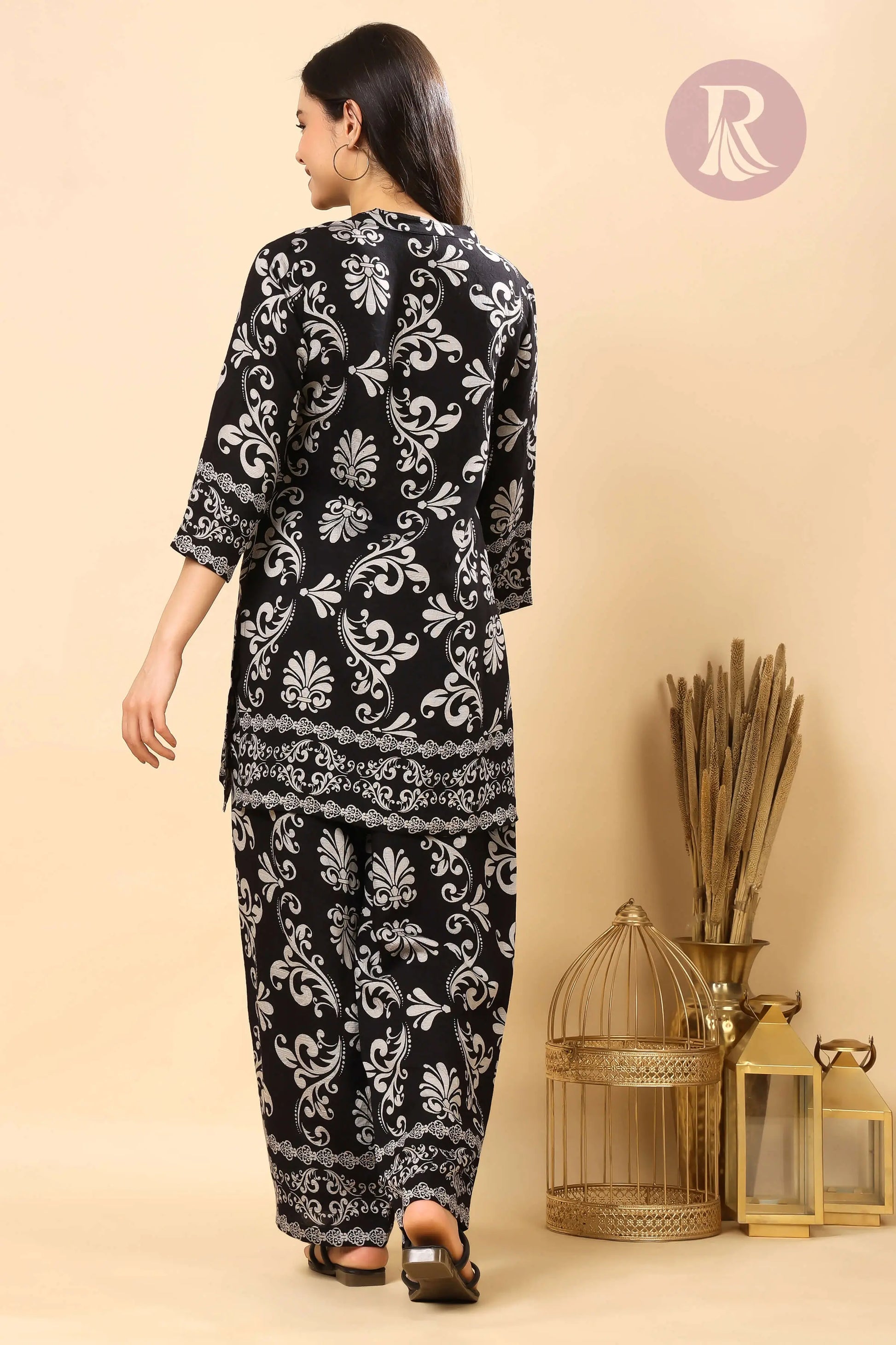 Back view of black printed vertican silk co-ord set for women