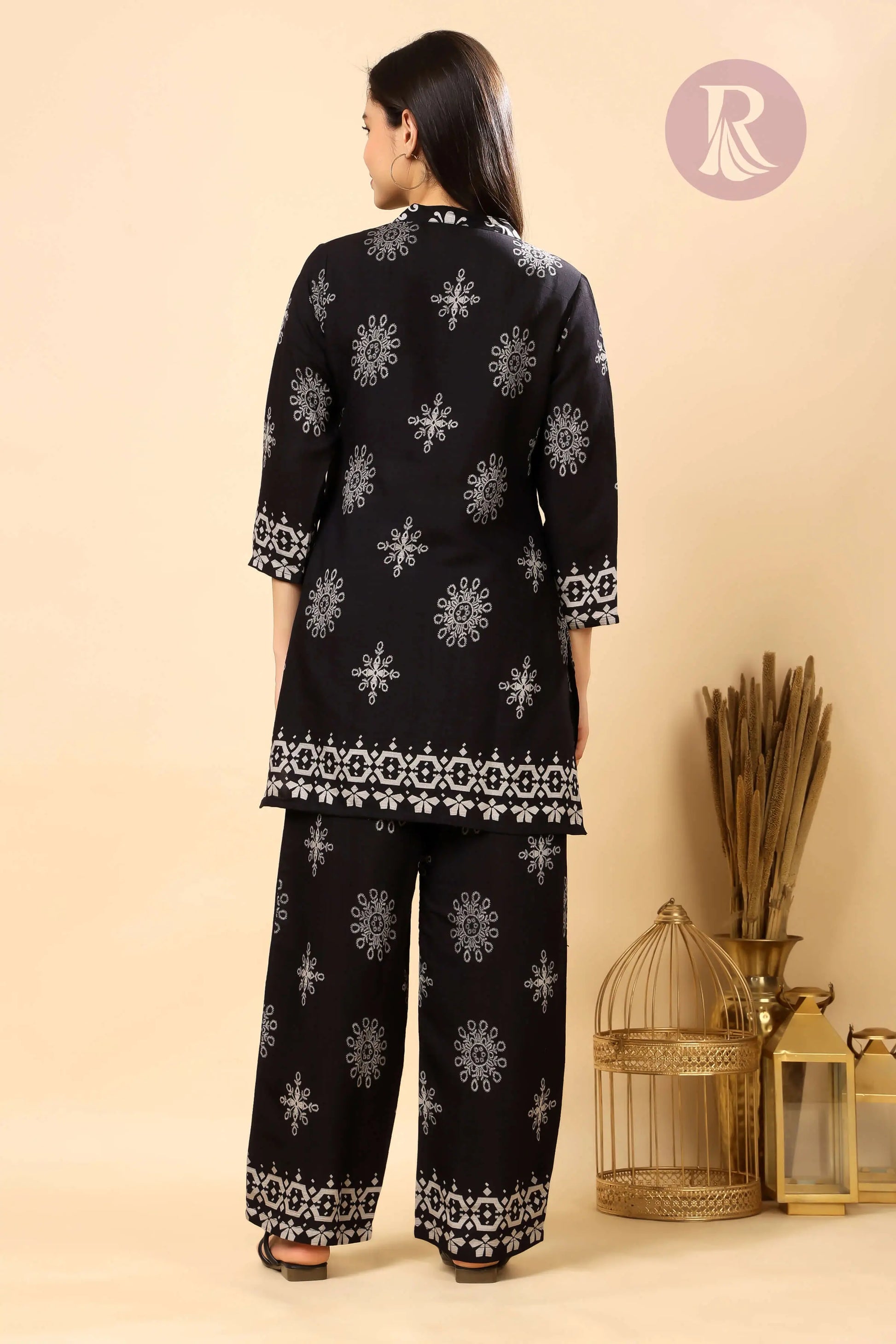 Women’s black printed Vertican Silk co-ord set with soft silk texture