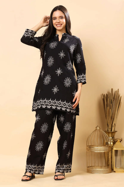 Trending women’s co-ord set 2025 in black with ethnic motifs