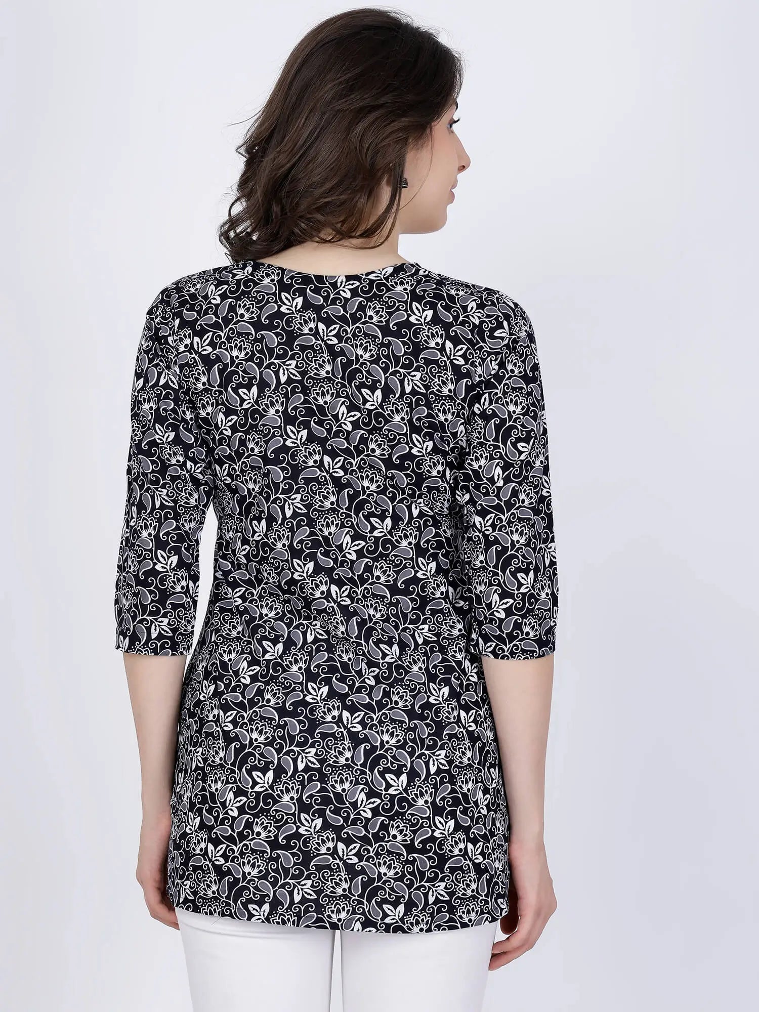 Back view of Rabric Black & White Floral Short Kurti