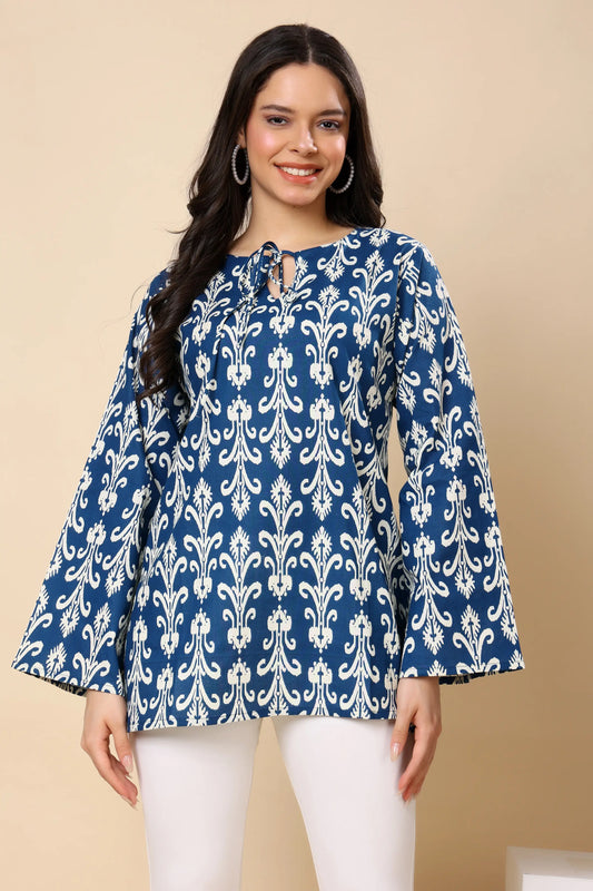 Blue printed cotton short top for women front view bell sleeve