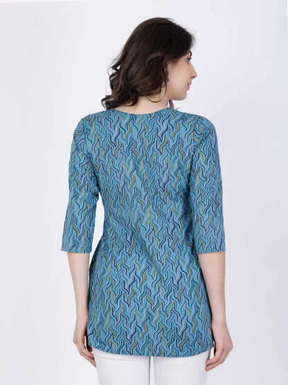 Back view of Premium Cotton Blue Short Kurti with adjustable tie-up