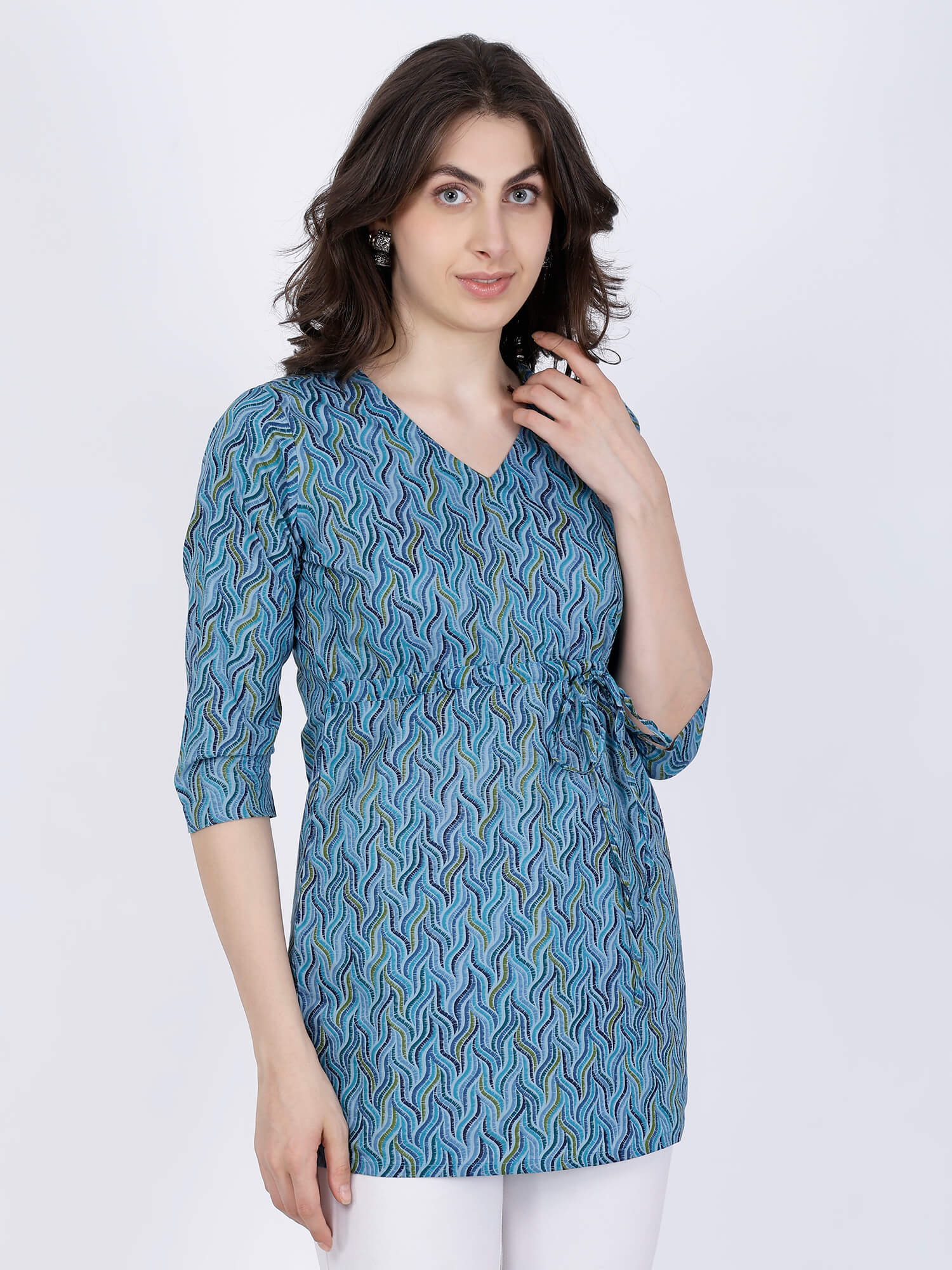Premium Cotton fabric texture of Blue Printed Short Kurti by Rabric
