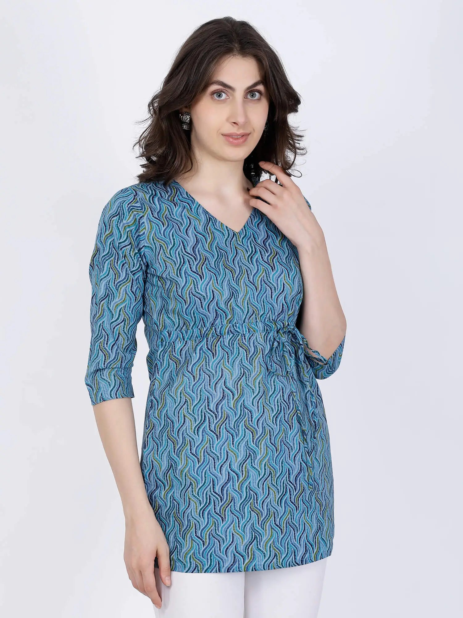 Side view of Blue Cotton Short Kurti for Women by Rabric