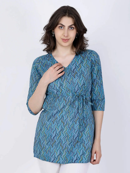 Front view of Premium Blue Wave Print Short Kurti with Waist Tie-Up by Rabric