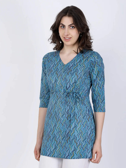 Premium Cotton fabric texture of Blue Printed Short Kurti by Rabric
