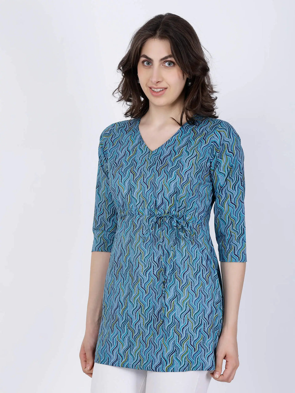 Premium Cotton fabric texture of Blue Printed Short Kurti by Rabric
