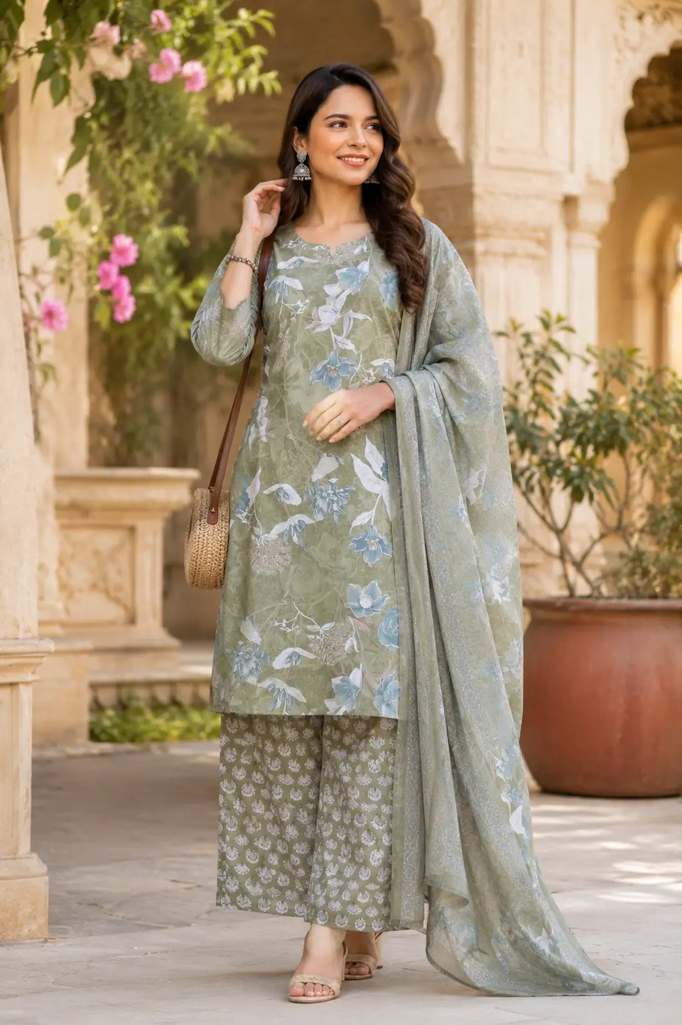 Woman wearing Rabric cambric cotton floral kurta pant set with dupatta in elegant lifestyle ethnic fashion look