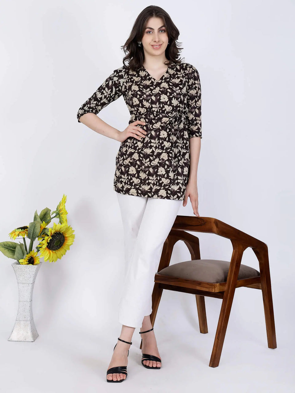 Trendy Brown Floral Kurti with Tie-Up Waist Design