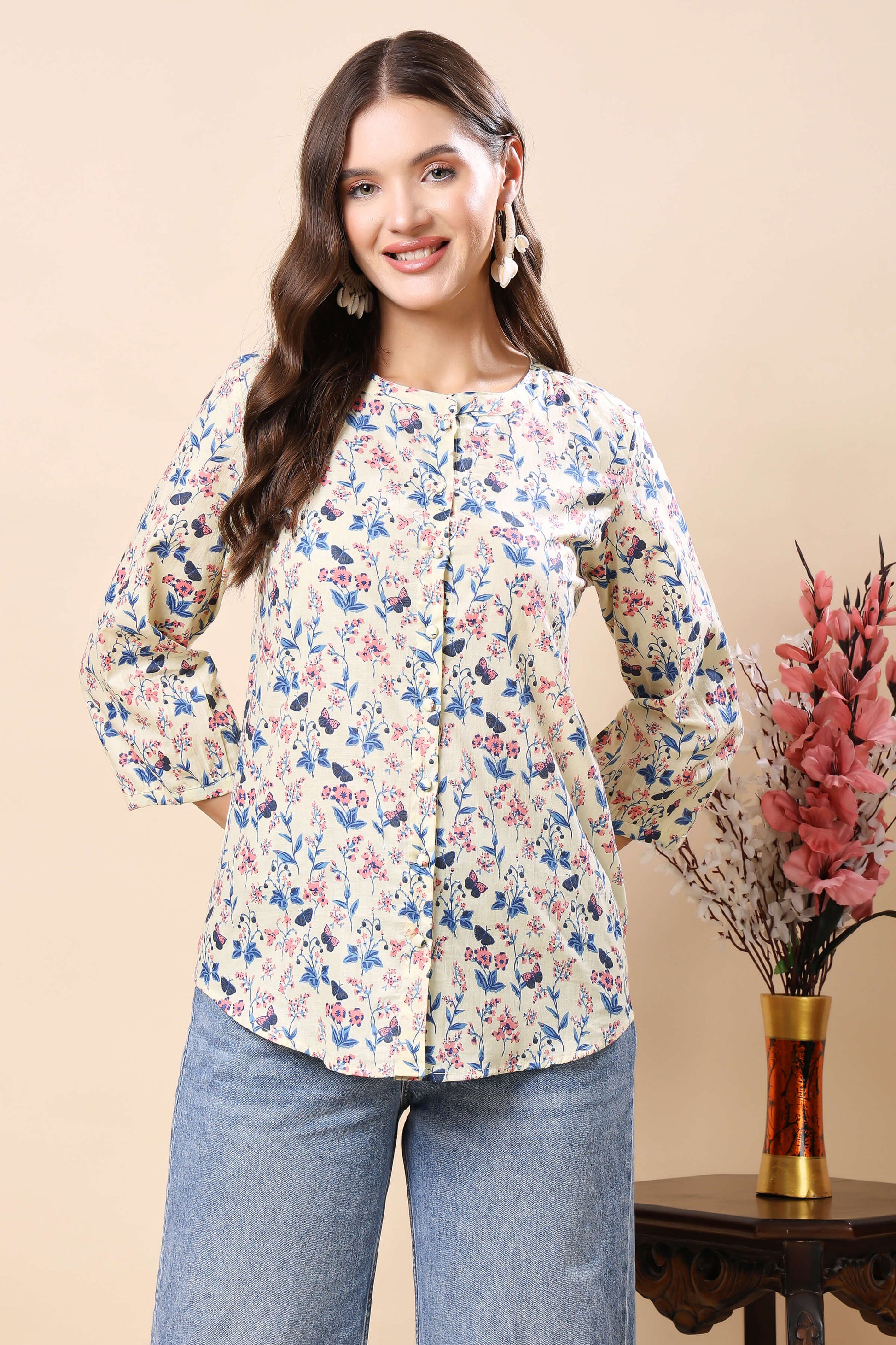 Rabric premium short floral top styled with denim jeans