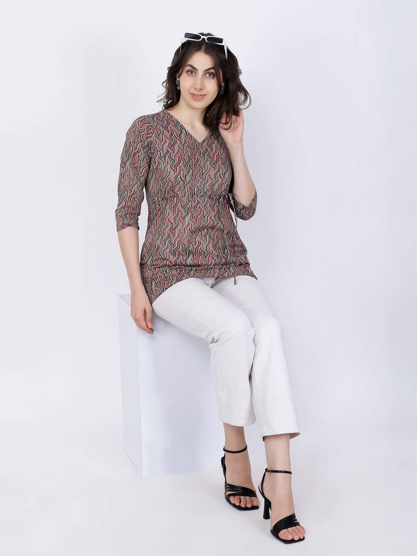 Casual Grey & Red Rabric Short Kurti Styled with White Pants