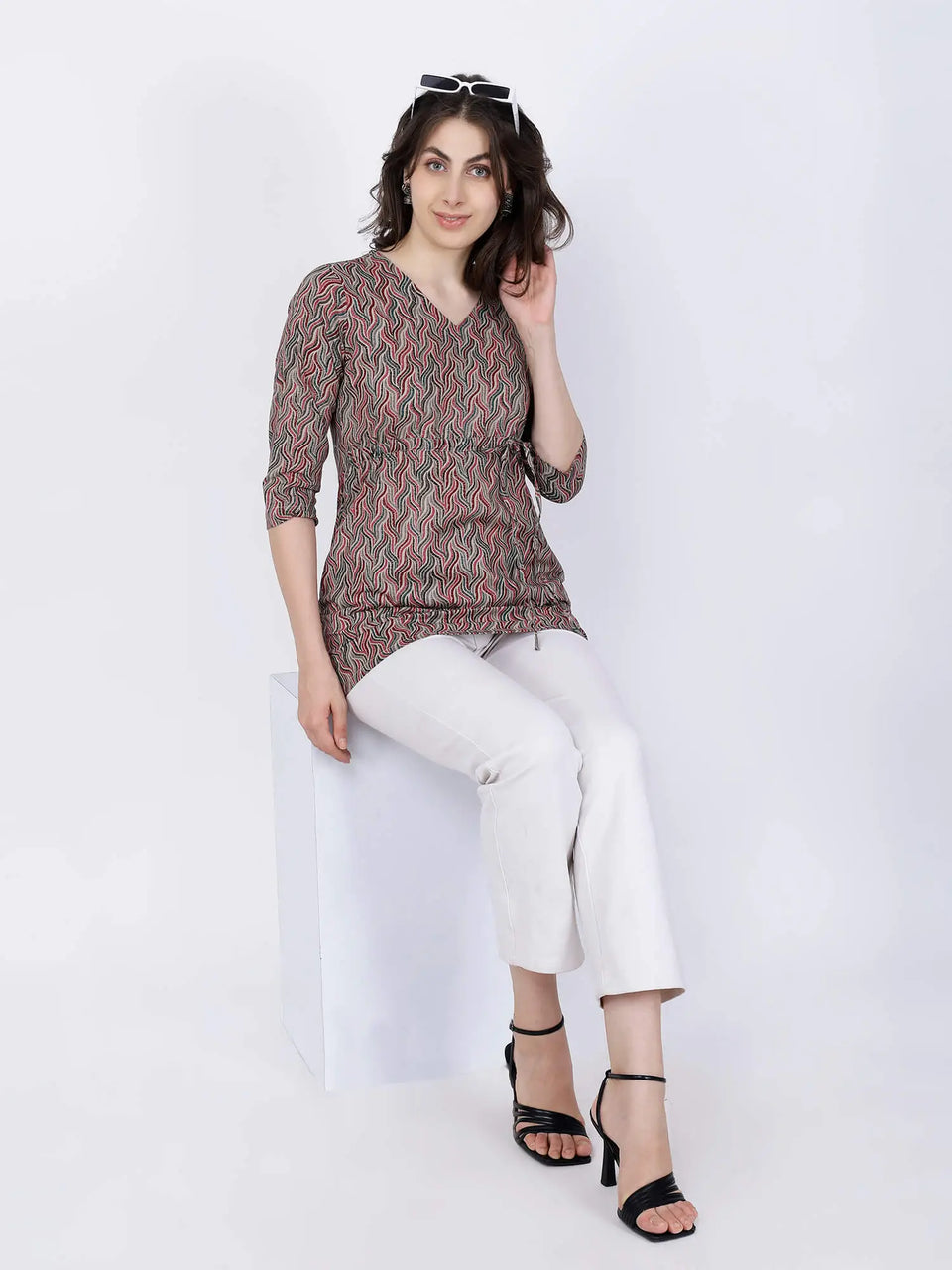 Casual Grey & Red Rabric Short Kurti Styled with White Pants
