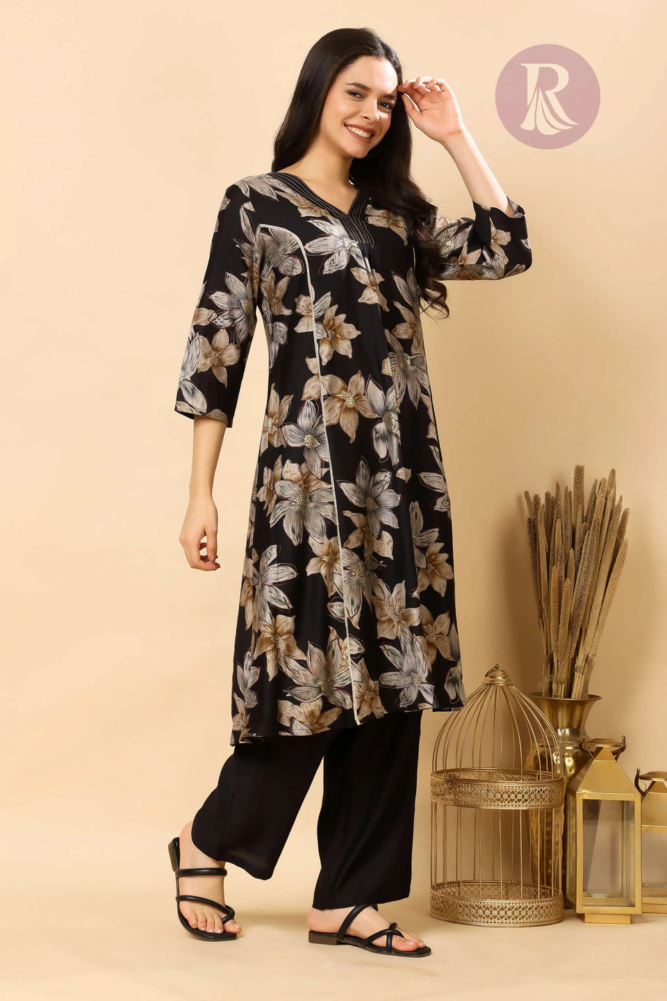 Elegant V-neck kurti with floral print on premium Vertican Silk