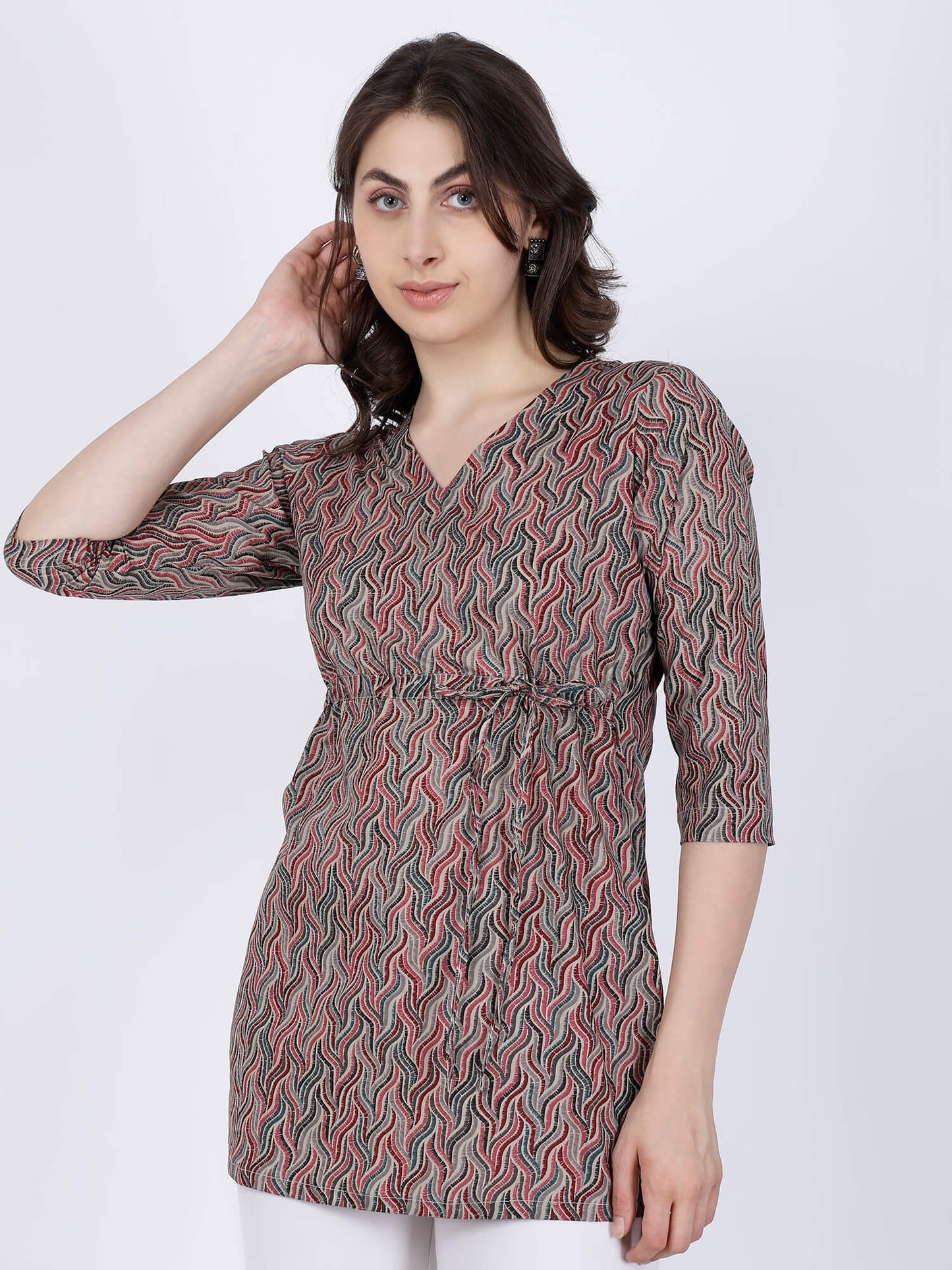 Cotton Rabric Short Kurti with V-Neck and Waist Tie-Up – Side View