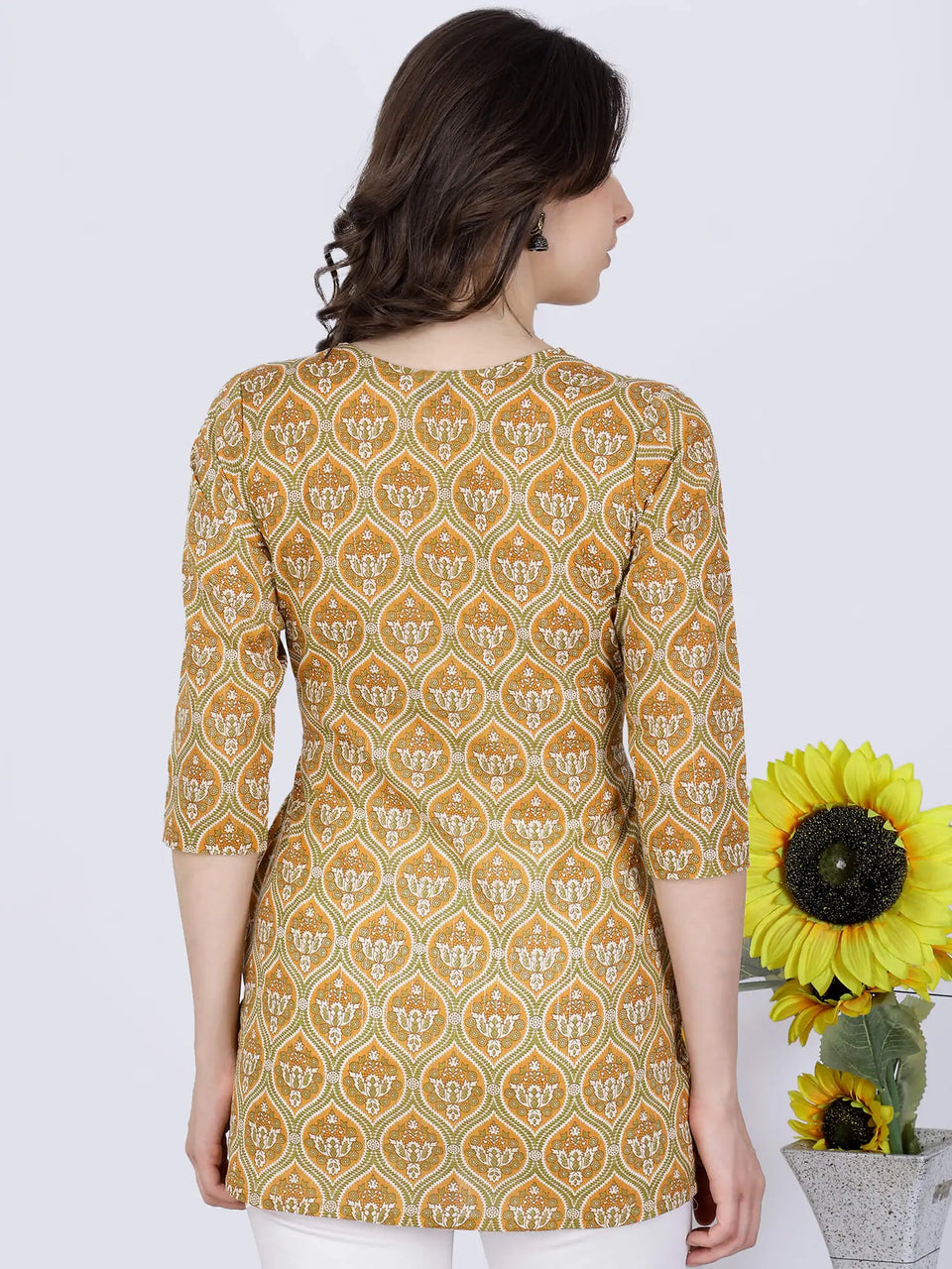 Back view of Premium Cotton Short Kurti in Mustard Yellow by Rabric