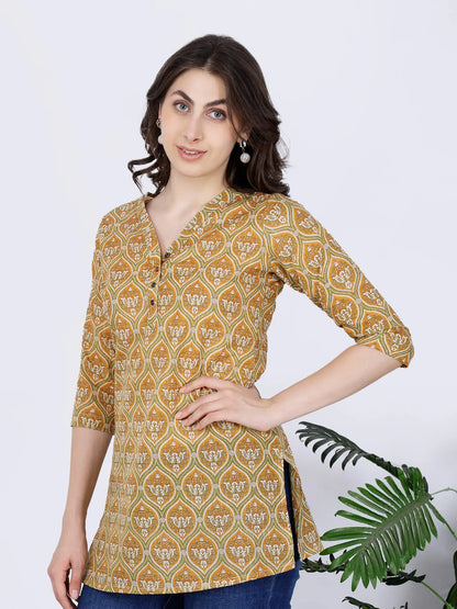 Comfortable office wear cotton short kurti in mustard yellow