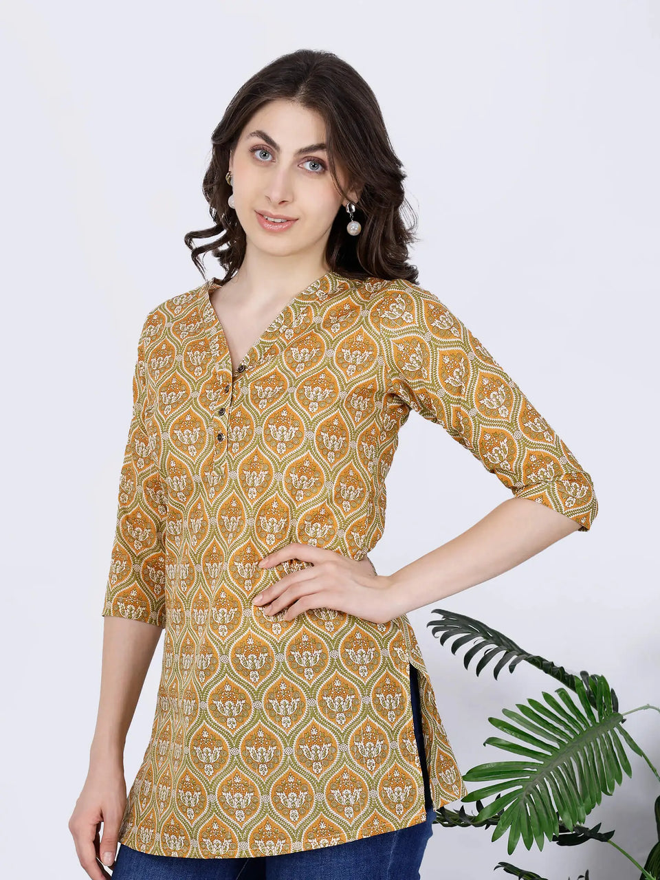 Comfortable office wear cotton short kurti in mustard yellow
