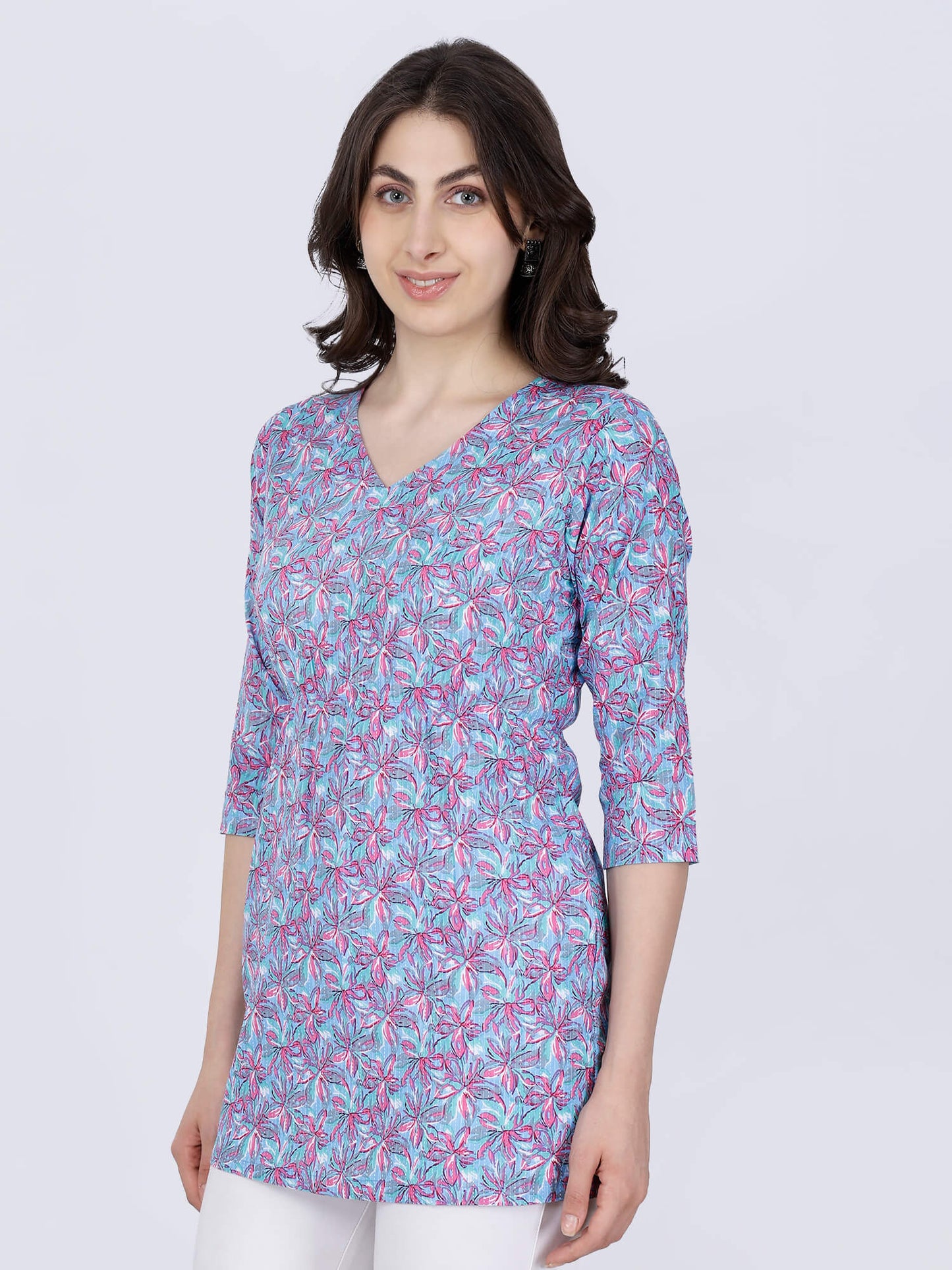Side view of cotton V-neck short kurti with elastic waist by Rabric