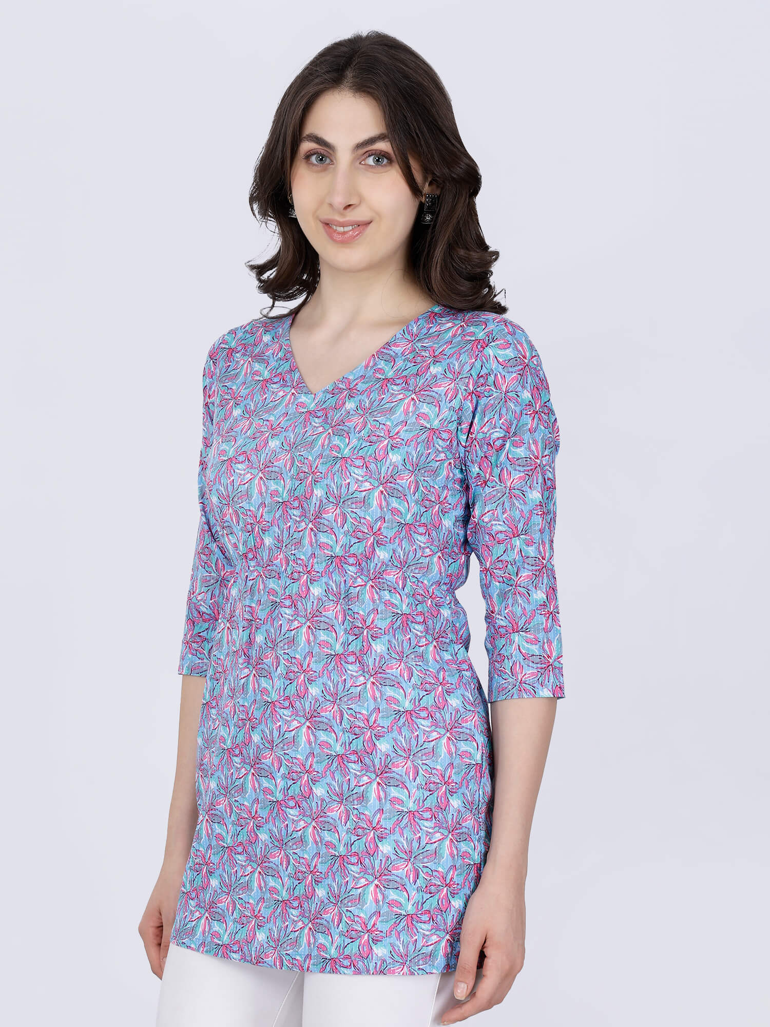 Side view of cotton V-neck short kurti with elastic waist by Rabric