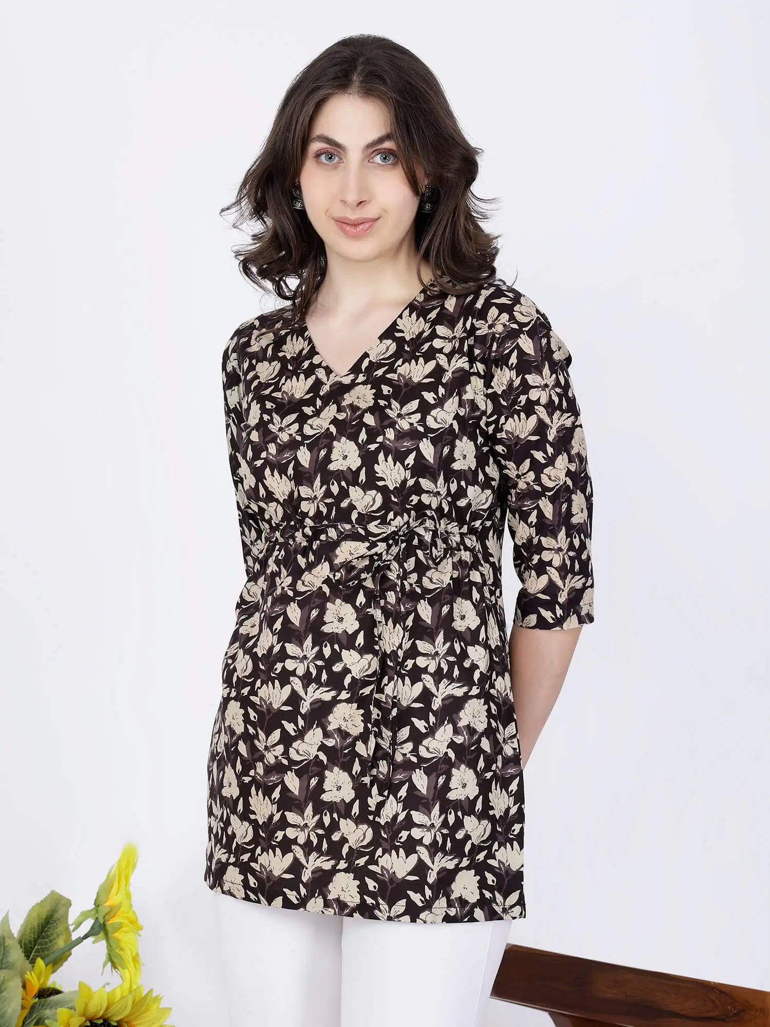 Elegant Brown Short Kurti with Adjustable Waist Tie-Up