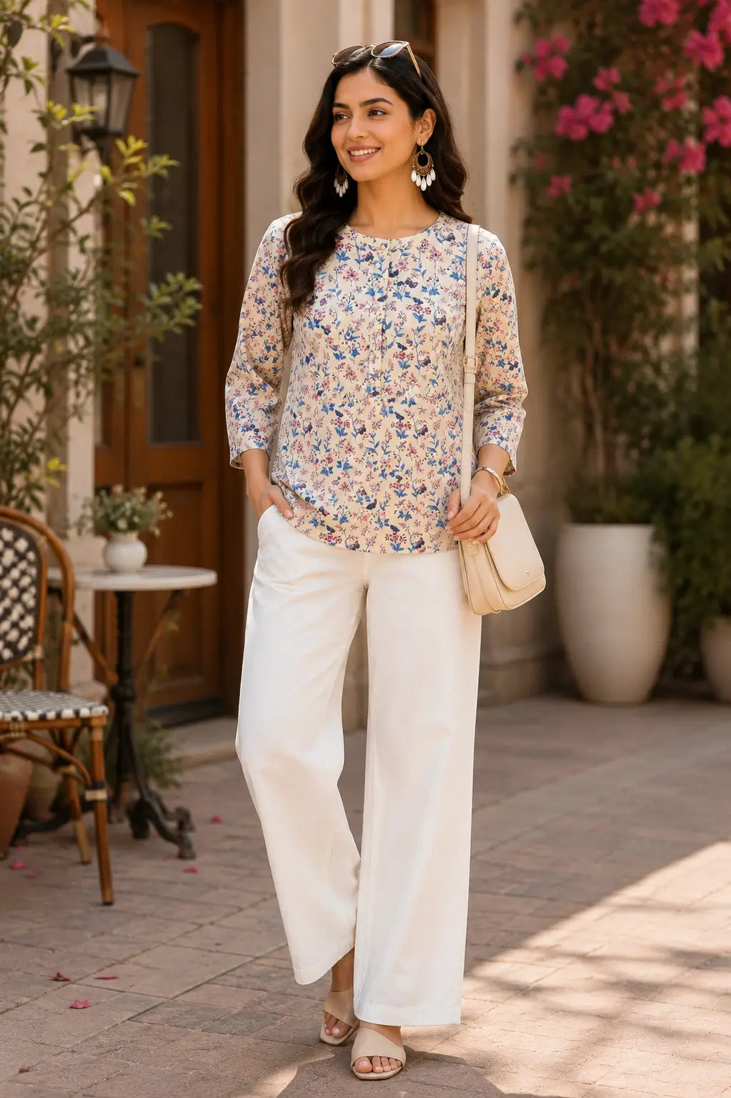 Cream floral cotton short top for women with 3/4 sleeves and front open buttons by Rabric, stylish casual cotton top front view