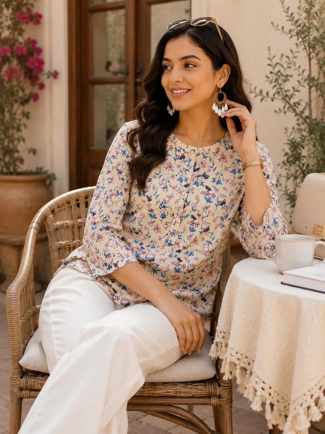 Casual sitting lifestyle image of cream floral cotton women short top with elegant accessories by Rabric