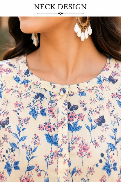 Closeup neck design of cream floral cotton women short top with front button detailing by Rabric