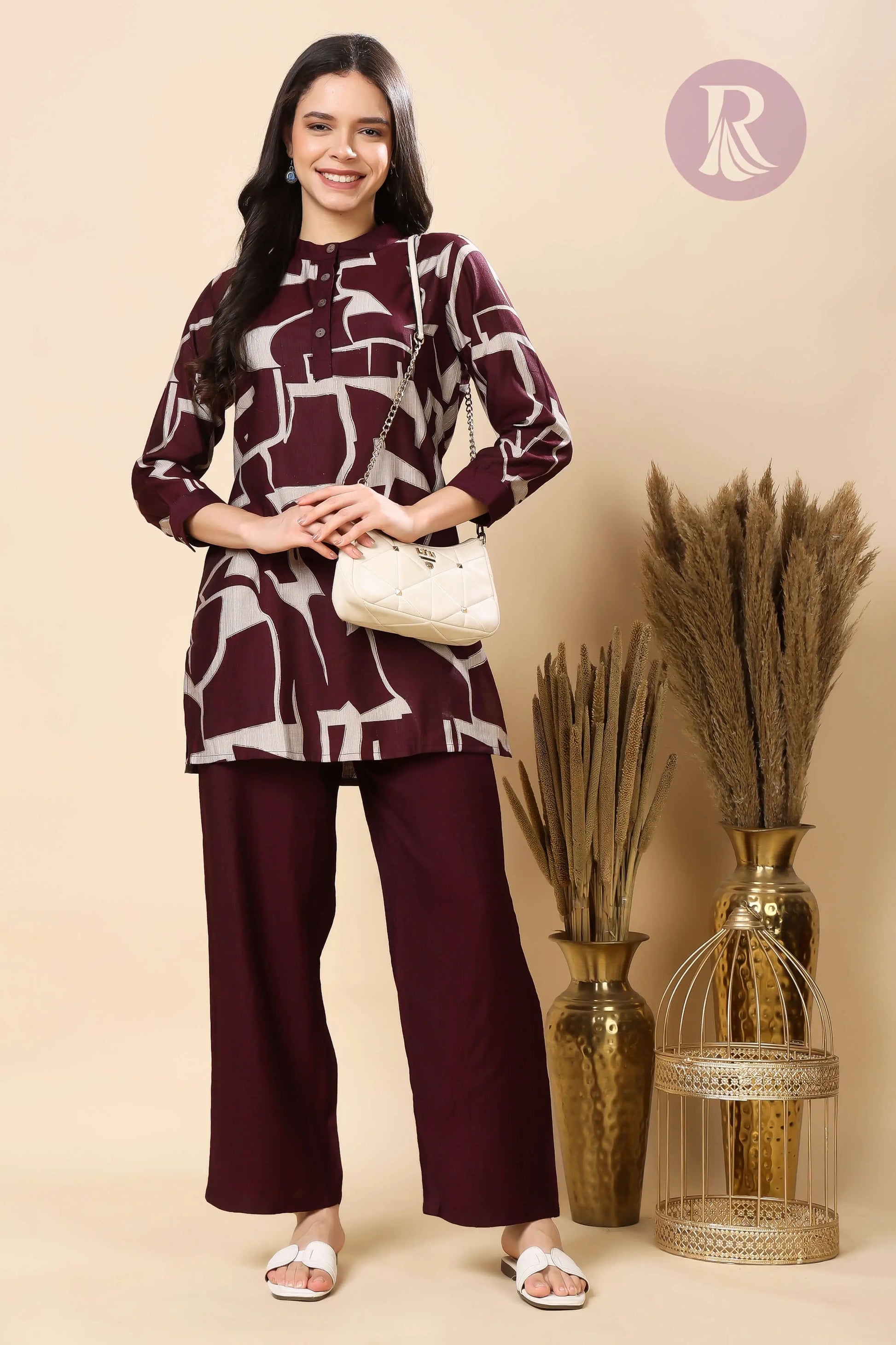 Comfortable daily wear maroon Vertican silk co-ord set for women