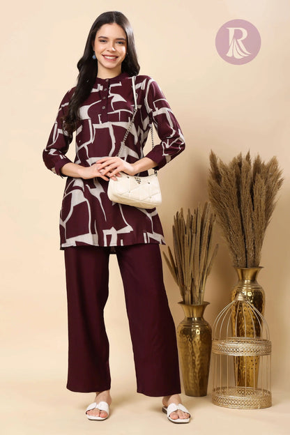 Comfortable daily wear maroon Vertican silk co-ord set for women