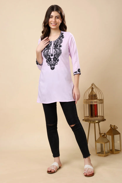 Soft crepe fabric lavender kurti with beautiful embroidery for office and casual outings