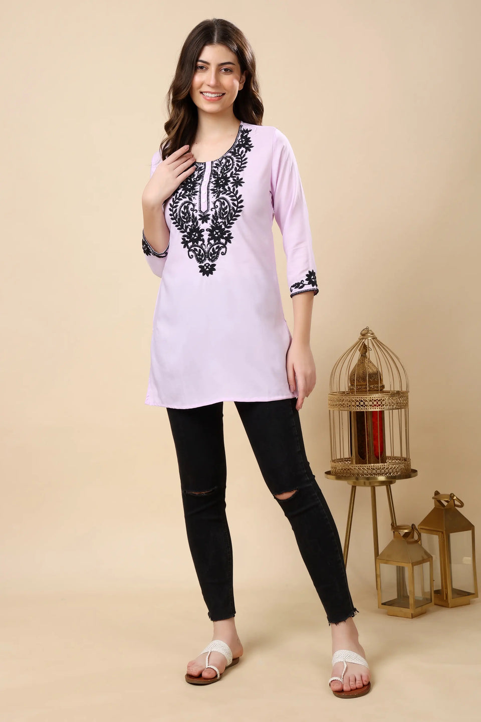 Soft crepe fabric lavender kurti with beautiful embroidery for office and casual outings