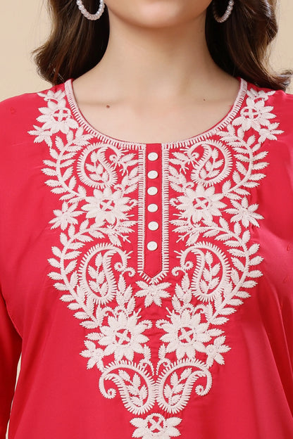 Elegant embroidered sleeves on stylish crepe short kurti in Neon Red