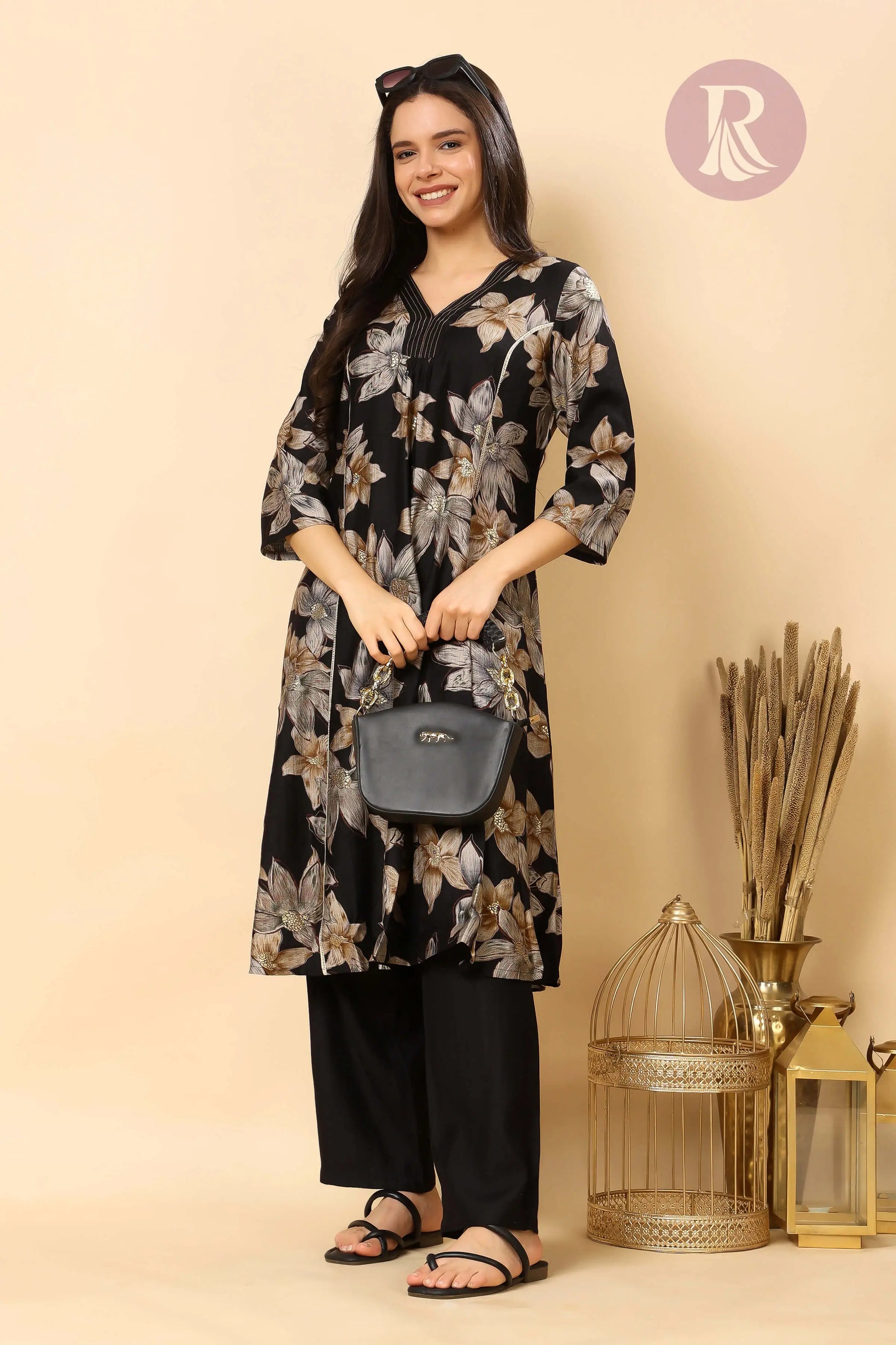 Stylish co-ord set for office and casual wear in black floral print