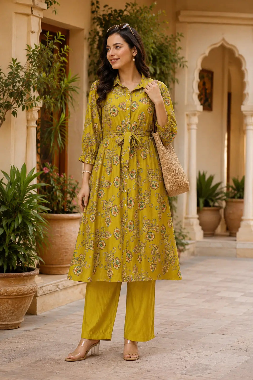 Floral paisley print detail on parrot green Vertican Silk co-ord set