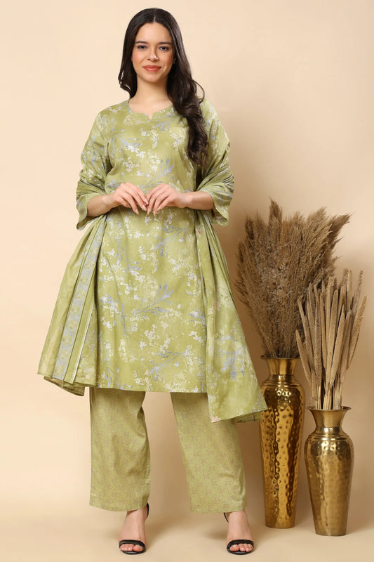 Women green floral cotton kurta pant set with dupatta front view