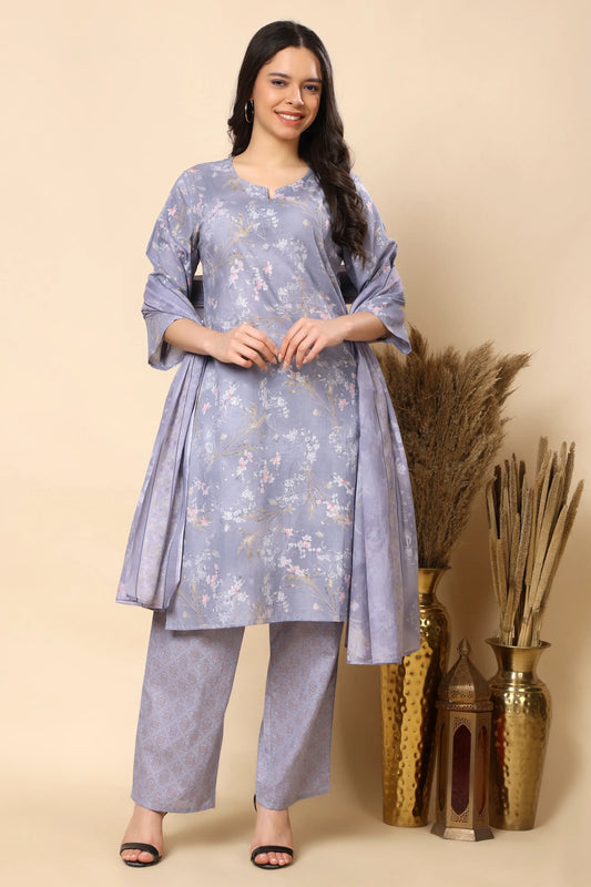 Women grey floral kurta pant set with dupatta front view