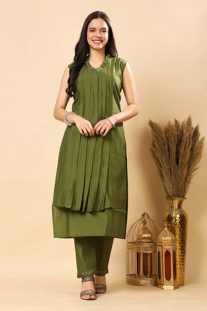 Women office wear kurti suit set in olive green